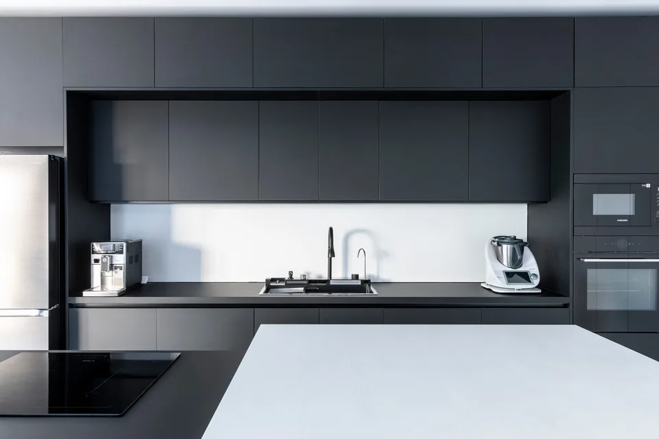 Sink and upper cabinets